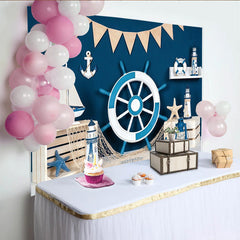 Lofaris Nautical Photography Backdrop with Blue and White Ship Wheel, Anchor and Sailboat, Marine Theme Background for Party Decor