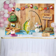 Lofaris Gone Fishing Photography Backdrop with Wooden Wall and Boat Scene, Outdoor Themed Studio Background for Party Decoration Props