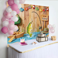 Lofaris Gone Fishing Photography Backdrop with Wooden Wall and Boat Scene, Outdoor Themed Studio Background for Party Decoration Props