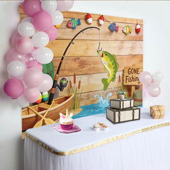 Lofaris Gone Fishing Birthday Backdrop with Wooden Wall and Jumping Fish, Outdoor Themed Party Background for Photoshoot