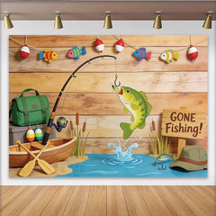 Lofaris Gone Fishing Birthday Backdrop with Wooden Wall and Jumping Fish, Outdoor Themed Party Background for Photoshoot
