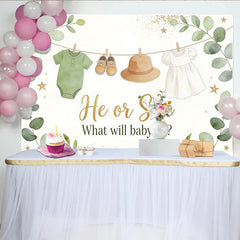 Lofaris Green Eucalyptus Gender Reveal Baby Shower Backdrop with He or She Text, Baby Clothes and Golden Glitter Decor for Party