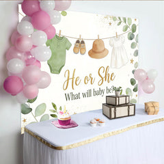 Lofaris Green Eucalyptus Gender Reveal Baby Shower Backdrop with He or She Text, Baby Clothes and Golden Glitter Decor for Party
