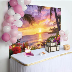 Lofaris Vibrant Sunset Beach Photography Backdrop with Palm Trees and Tropical Flowers, Romantic Party Decor for Summer Photoshoot