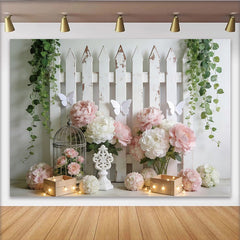 Lofaris Rustic White Fence Floral Photography Backdrop with Pink Peonies, Charming Spring Decor and Studio Background