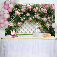 Lofaris Pink Rose Garden Photography Backdrop with White Lattice, Beautiful Floral Background for Spring Photoshoot Decor