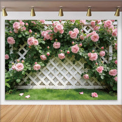 Lofaris Pink Rose Garden Photography Backdrop with White Lattice, Beautiful Floral Background for Spring Photoshoot Decor