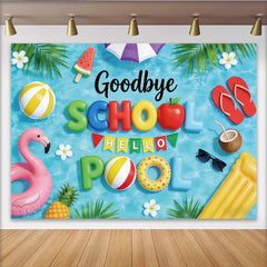 Lofaris Vibrant Blue Water Goodbye School Hello Pool Backdrop with Summer Inflatables, Fun Beach Party Background for Kids Photoshoot