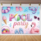 Lofaris Colorful Pool Party Birthday Backdrop with Flamingo and Ice Cream, Summer Photo Booth Background for Kids Celebration