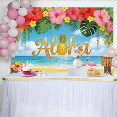 Lofaris Glitter Aloha Tropical Photography Backdrop, Pineapple and Flowers, Vibrant Beach Scene Background for Summer Party Decor
