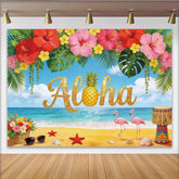 Lofaris Glitter Aloha Tropical Photography Backdrop, Pineapple and Flowers, Vibrant Beach Scene Background for Summer Party Decor