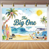 Lofaris The Big One Beach 1st Birthday Backdrop with Surfboards and Palm Trees, Vintage Van Ocean Party Decor for Photoshoot