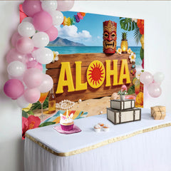 Lofaris Vibrant Hawaiian Holiday Backdrop with Aloha Sign and Tiki Mask, Tropical Beach Party Background for Summer Photoshoot