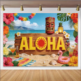 Lofaris Vibrant Hawaiian Holiday Backdrop with Aloha Sign and Tiki Mask, Tropical Beach Party Background for Summer Photoshoot