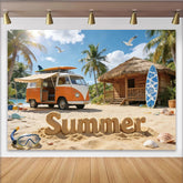 Lofaris Vibrant Summer Beach Photography Backdrop with Vintage Van and Palm Trees, Tropical Vacation Background for Photoshoot