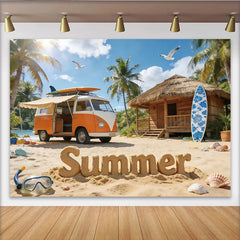 Lofaris Vibrant Summer Beach Photography Backdrop with Vintage Van and Palm Trees, Tropical Vacation Background for Photoshoot