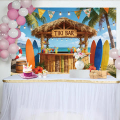 Lofaris Tropical Tiki Bar Photography Backdrop with Palm Trees and Surfboards, Colorful Cocktails Party Decor for Photoshoot