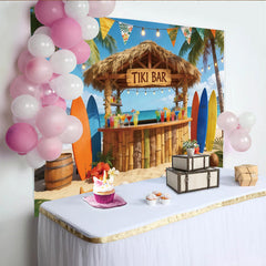 Lofaris Tropical Tiki Bar Photography Backdrop with Palm Trees and Surfboards, Colorful Cocktails Party Decor for Photoshoot