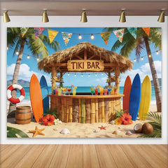 Lofaris Tropical Tiki Bar Photography Backdrop with Palm Trees and Surfboards, Colorful Cocktails Party Decor for Photoshoot