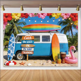 Lofaris Blue Vintage Van and Surfboard Photography Backdrop, Tropical Beach Scene with Palm Trees, Summer Party Decor