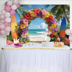 Lofaris Tropical Beach Photography Backdrop with Vibrant Floral Arch, Beautiful Ocean Background for Summer Party Decor