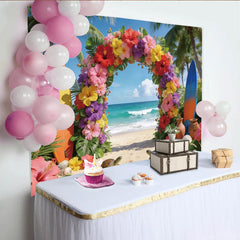 Lofaris Tropical Beach Photography Backdrop with Vibrant Floral Arch, Beautiful Ocean Background for Summer Party Decor