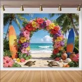 Lofaris Tropical Beach Photography Backdrop with Vibrant Floral Arch, Beautiful Ocean Background for Summer Party Decor