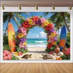 Lofaris Tropical Beach Photography Backdrop with Vibrant Floral Arch, Beautiful Ocean Background for Summer Party Decor