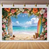 Lofaris Vibrant Tropical Beach Photography Backdrop with Floral Arch and Surfboards, Sparkling Ocean Background for Summer Party Decoration