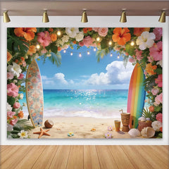 Lofaris Vibrant Tropical Beach Photography Backdrop with Floral Arch and Surfboards, Sparkling Ocean Background for Summer Party Decoration