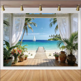 Lofaris Serene Tropical Beach Photography Backdrop with Wooden Pier, Stunning Ocean View Background for Studio Photoshoot and Room Decor