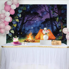 Lofaris Magical Forest Camping Night Sky Photography Backdrop with Glowing Tent and Campfire, Dreamy Studio Background for Adventure Theme