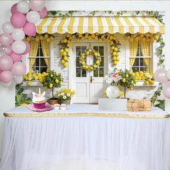 Lofaris Lemon Spring Photography Backdrop with Yellow Awning and Wreath, Fresh House Facade Background for Studio Photoshoot