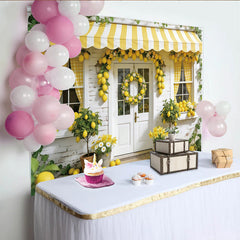 Lofaris Lemon Spring Photography Backdrop with Yellow Awning and Wreath, Fresh House Facade Background for Studio Photoshoot