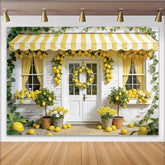 Lofaris Lemon Spring Photography Backdrop with Yellow Awning and Wreath, Fresh House Facade Background for Studio Photoshoot