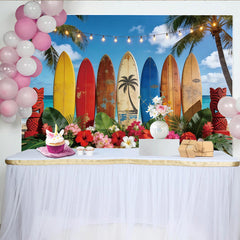 Lofaris Tropical Beach Photography Backdrop with Colorful Surfboards, Summer Party Decor and Photo Booth Prop