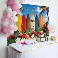 Lofaris Tropical Beach Photography Backdrop with Colorful Surfboards, Summer Party Decor and Photo Booth Prop