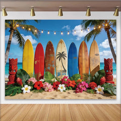 Lofaris Tropical Beach Photography Backdrop with Colorful Surfboards, Summer Party Decor and Photo Booth Prop