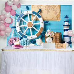 Lofaris Blue Wood Nautical Photography Backdrop with Ship Wheel and Lighthouse, Ocean Theme Background for Studio Photoshoot and Party Decor