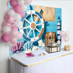 Lofaris Blue Wood Nautical Photography Backdrop with Ship Wheel and Lighthouse, Ocean Theme Background for Studio Photoshoot and Party Decor