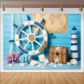 Lofaris Blue Wood Nautical Photography Backdrop with Ship Wheel and Lighthouse, Ocean Theme Background for Studio Photoshoot and Party Decor