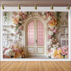 Lofaris Elegant Floral Arch Door Photography Backdrop, Pink Roses and Hydrangeas Studio Background for Portraits
