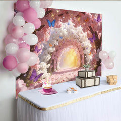 Lofaris Pink and White Cherry Blossom Photography Backdrop, Colorful Butterflies and Sparkling Glitter Background for Studio Photoshoot