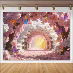 Lofaris Pink and White Cherry Blossom Photography Backdrop, Colorful Butterflies and Sparkling Glitter Background for Studio Photoshoot