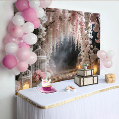 Lofaris Dreamy Pink and White Floral Photography Backdrop with Birdcages, Elegant Studio Background for Romantic Photoshoot and Event Decor