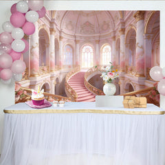 Lofaris Pink and Gold Grand Staircase Photography Backdrop with Roses, Elegant Palace Background for Princess Party or Wedding Photoshoot.