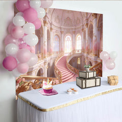 Lofaris Pink and Gold Grand Staircase Photography Backdrop with Roses, Elegant Palace Background for Princess Party or Wedding Photoshoot.
