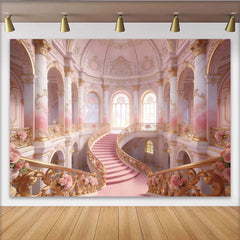 Lofaris Pink and Gold Grand Staircase Photography Backdrop with Roses, Elegant Palace Background for Princess Party or Wedding Photoshoot.