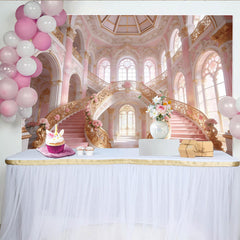 Lofaris Pink and Gold Palace Photography Backdrop with Grand Staircase and Roses, Luxurious Studio Background for Elegant Photoshoot