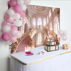 Lofaris Pink and Gold Palace Photography Backdrop with Grand Staircase and Roses, Luxurious Studio Background for Elegant Photoshoot